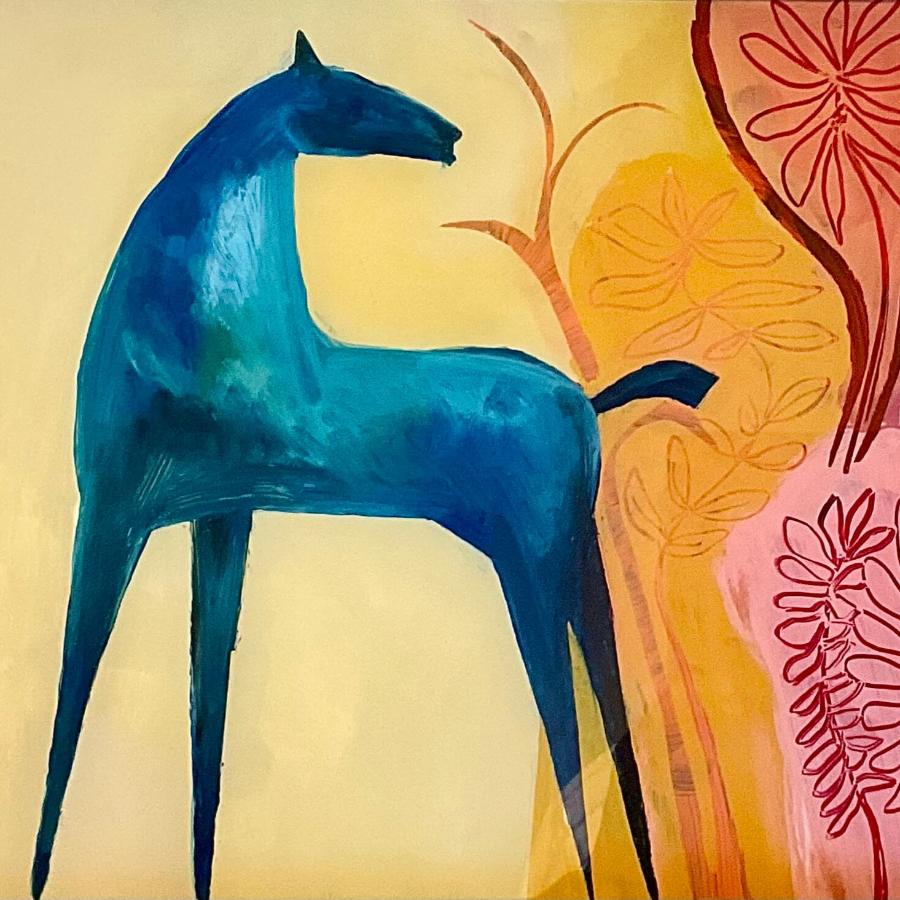 Horse with Exotic Plants by Henrietta Corbett | Contemporary painting of a horse against floral backdrop for sale at The Biscuit Factory 