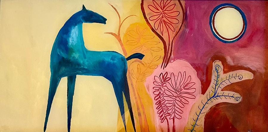 Horse with Exotic Plants by Henrietta Corbett | Contemporary painting of a horse against floral backdrop for sale at The Biscuit Factory 