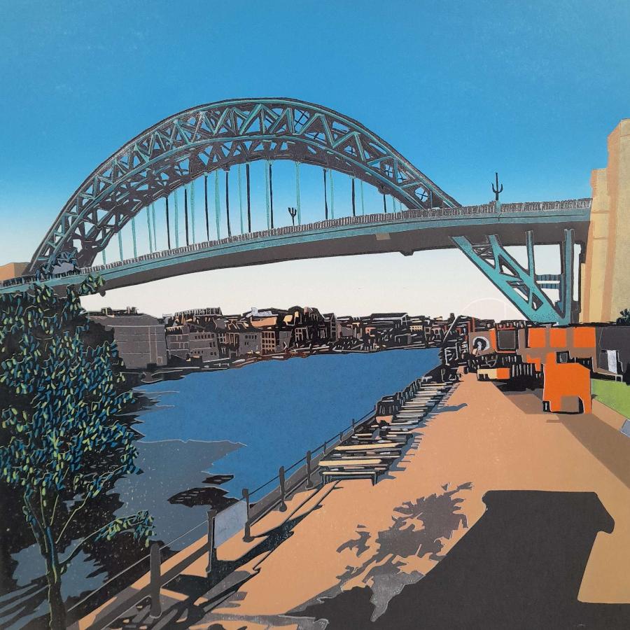 Looking up at the Tyne by Kevin Holdaway, a colourful linocut print of the River Tyne & Tyne Brige.