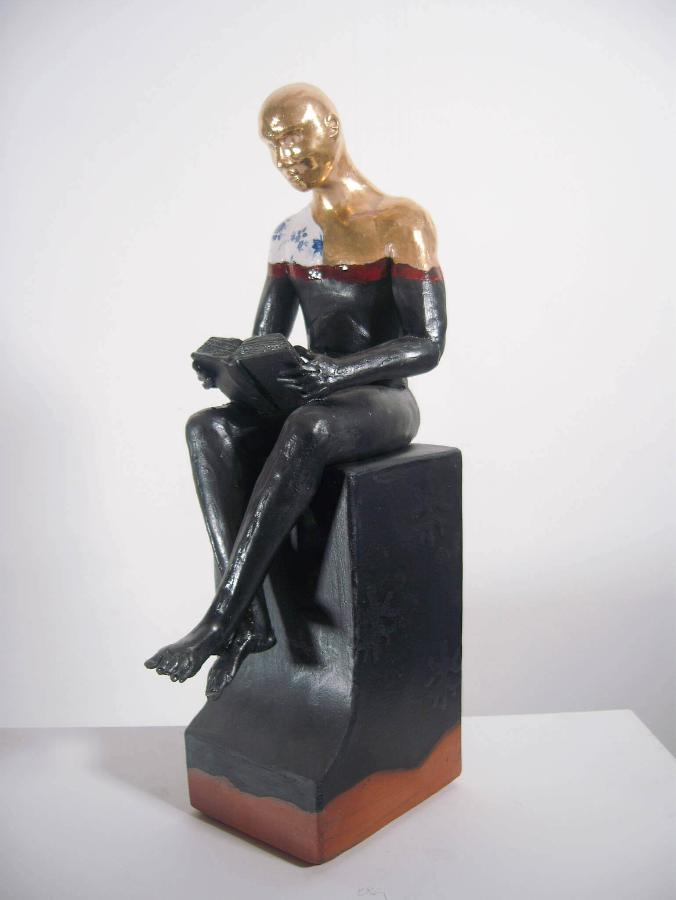 Seated Male on Plinth by Pierre Williams | Original Ceramic Sculpture for sale at The Biscuit Factory 