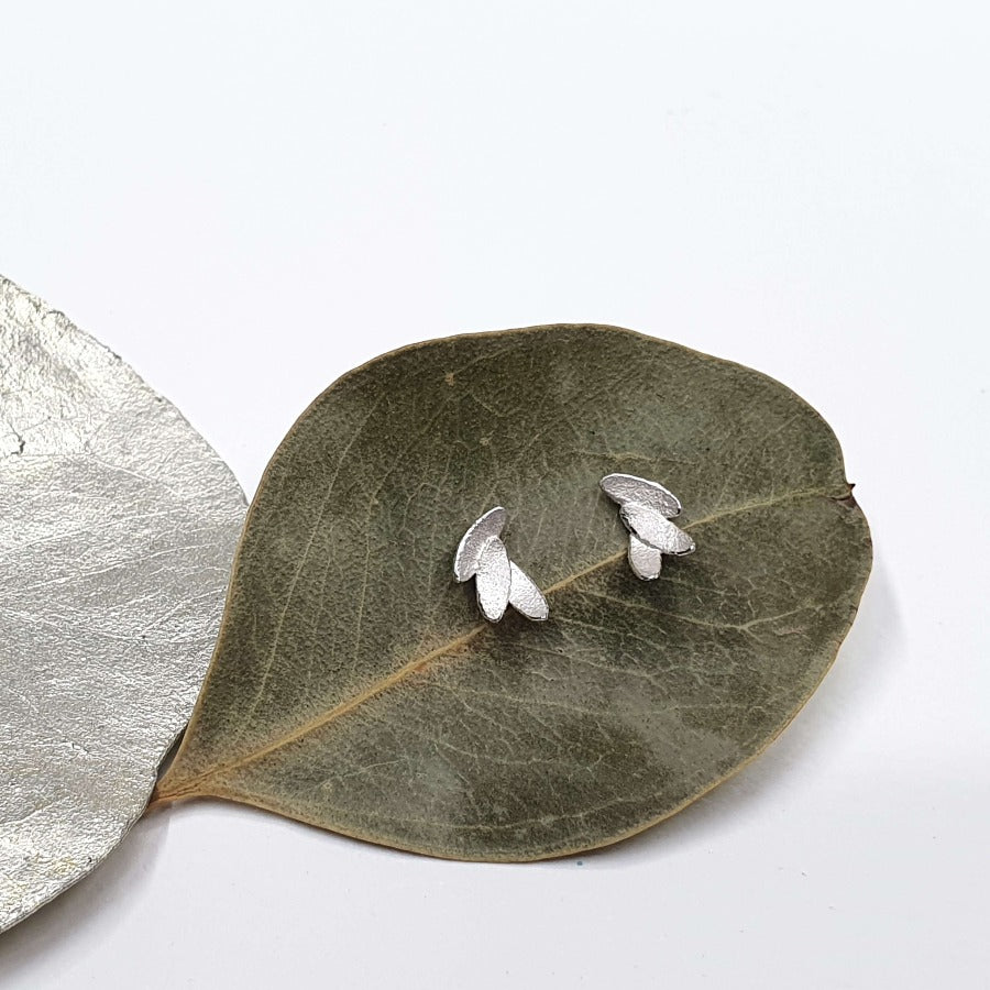 Tiny Sweeping Eucalyptus Earrings by Donna Barry | Original Handcrafted Silver Jewellery for sale at The Biscuit Factory Newcastle