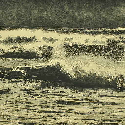 Buy 'Breaking Waves', an original mixed media artwork by Trevor Price at The Biscuit Factory. Image shows a detail shot of a larger print - a monochrome etching of a seascape, the full scene displaying crashing waves with a pale green hue